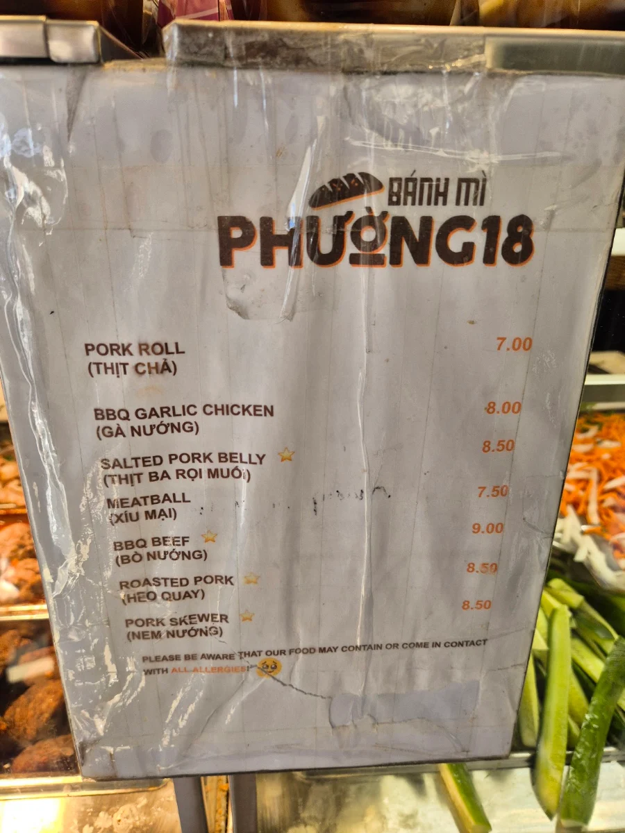 Menu, Banh mi Phuong 18