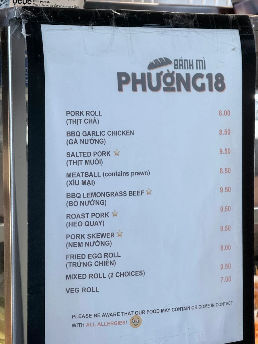 Menu, Banh mi Phuong 18
