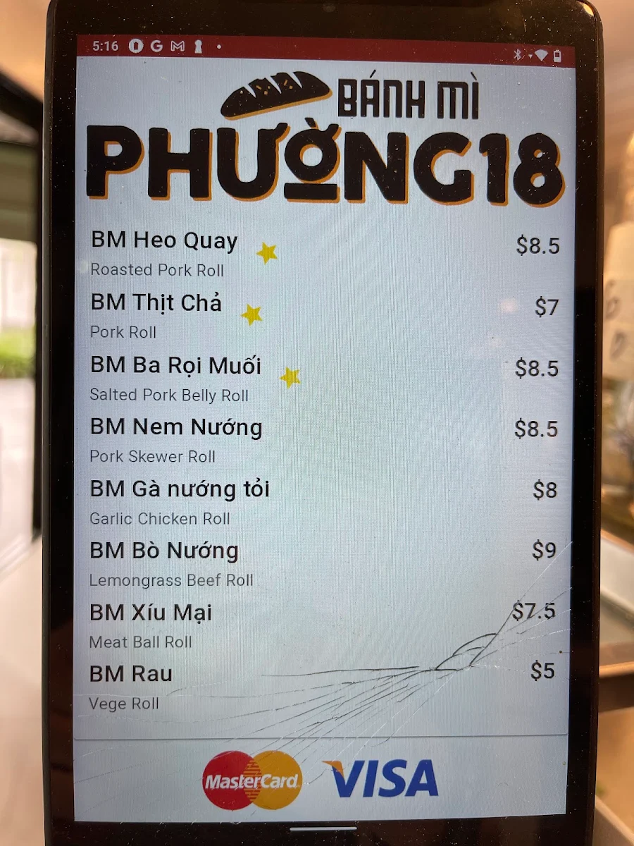 Menu, Banh mi Phuong 18