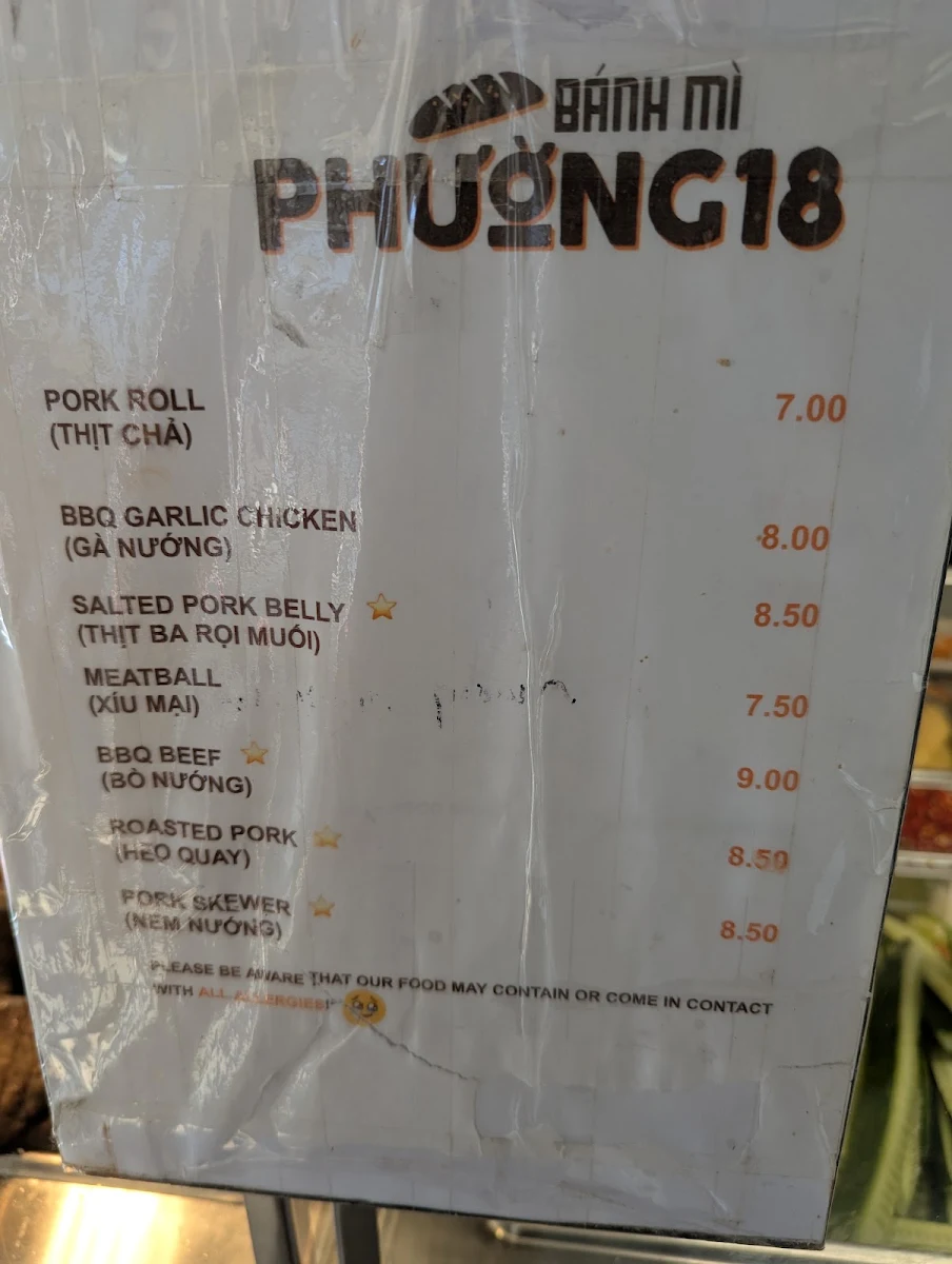 Menu, Banh mi Phuong 18