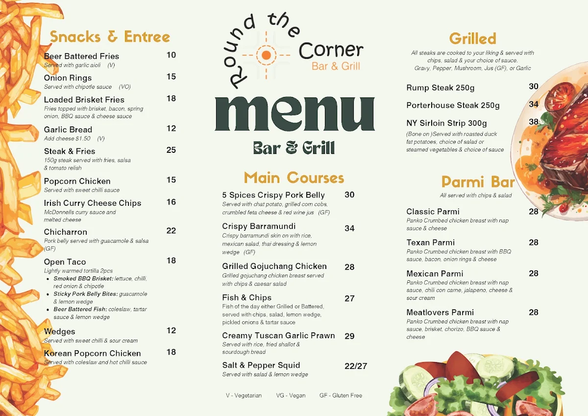 Menu, Round the Corner Bar and Grill