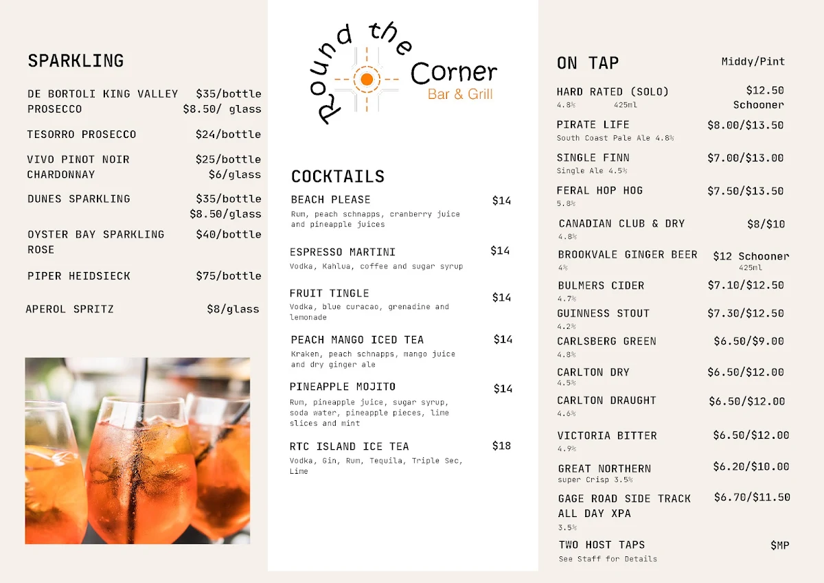 Menu, Round the Corner Bar and Grill