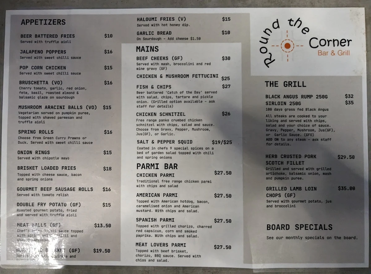 Menu, Round the Corner Bar and Grill
