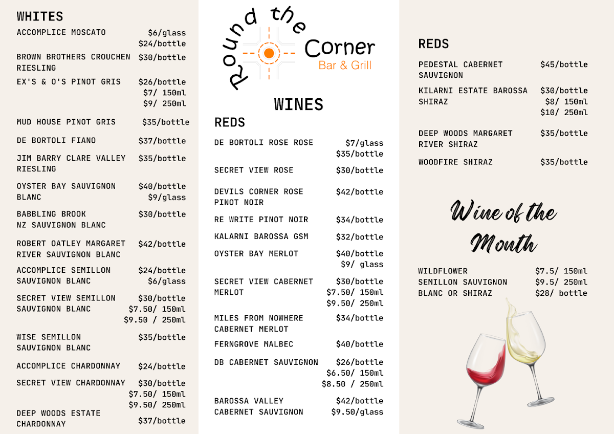 Menu, Round the Corner Bar and Grill