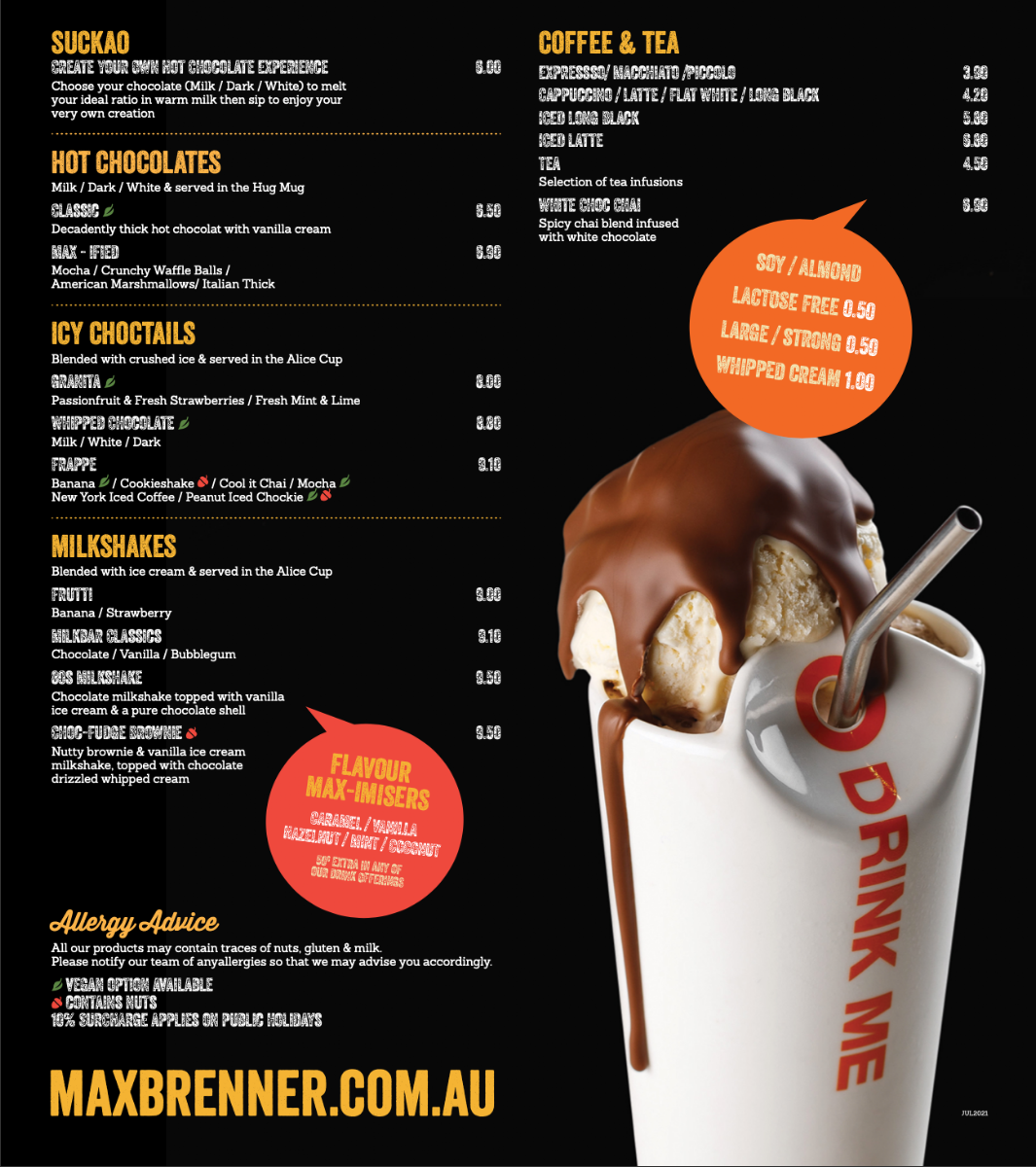 Menu, Max Brenner - Tuggerah
