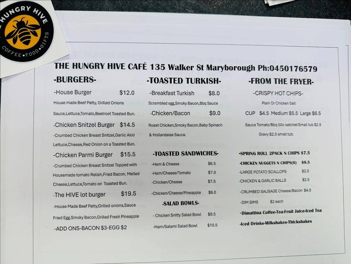 Menu, The Hungry Hive Cafe