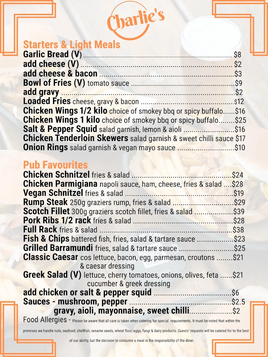 Menu, Charles Hotel
