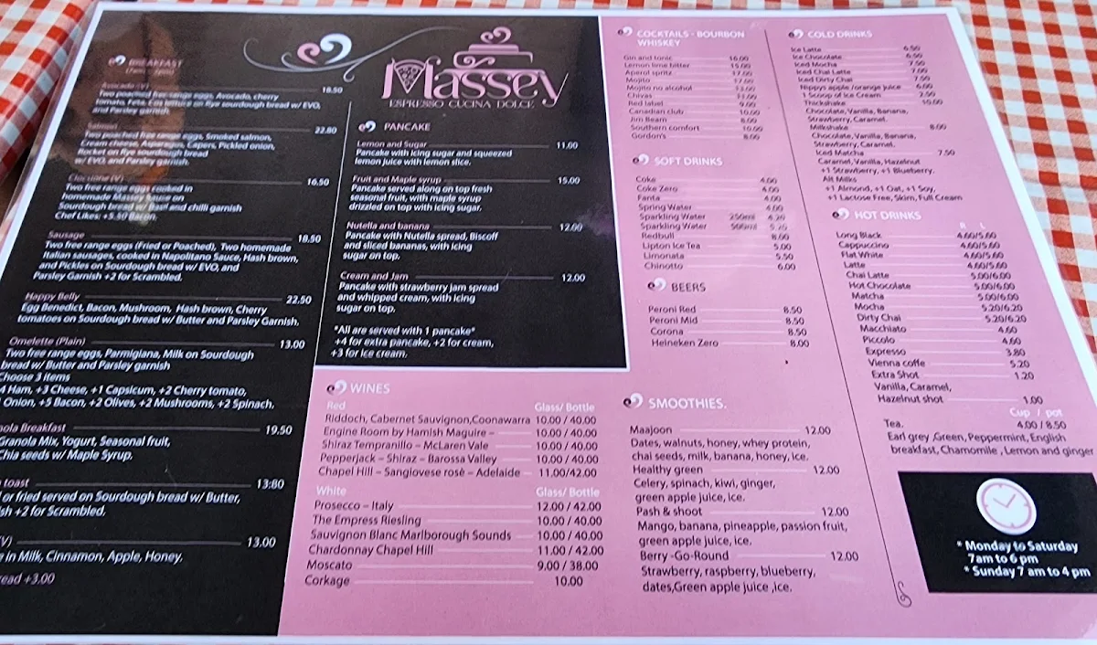 Menu, Massey Espresso Cucina Dolce
