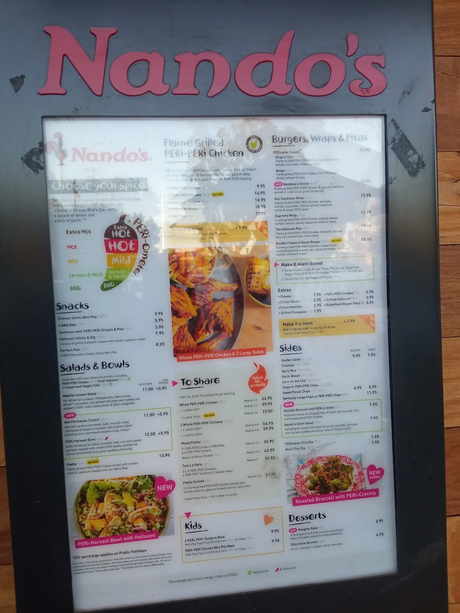 Menu, Nando's Bundoora Square