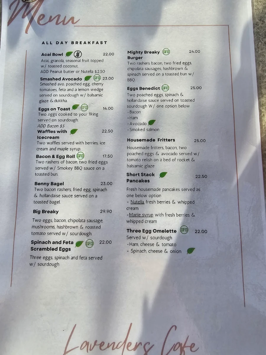 Menu, Lavenders Cafe