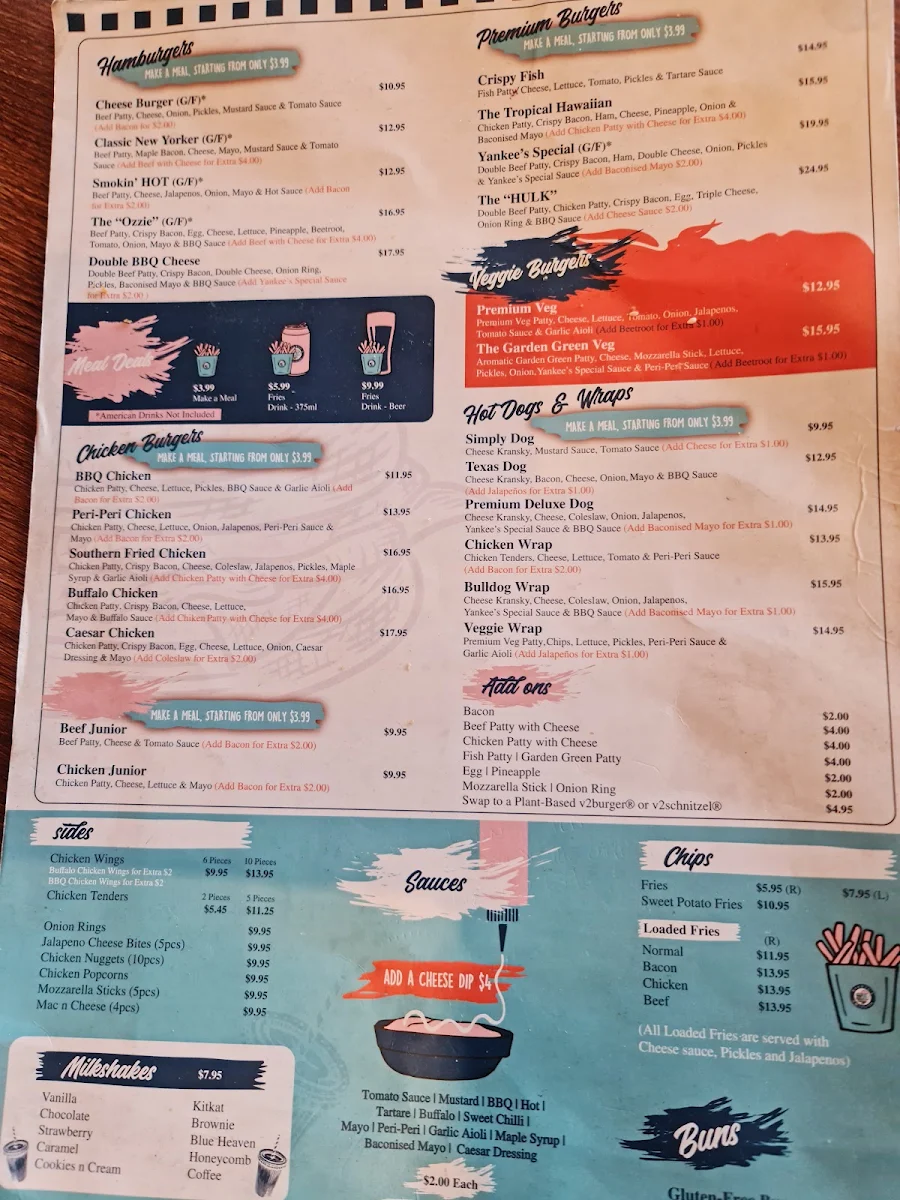 Menu, Yankee's Burger Bar - Christies Beach