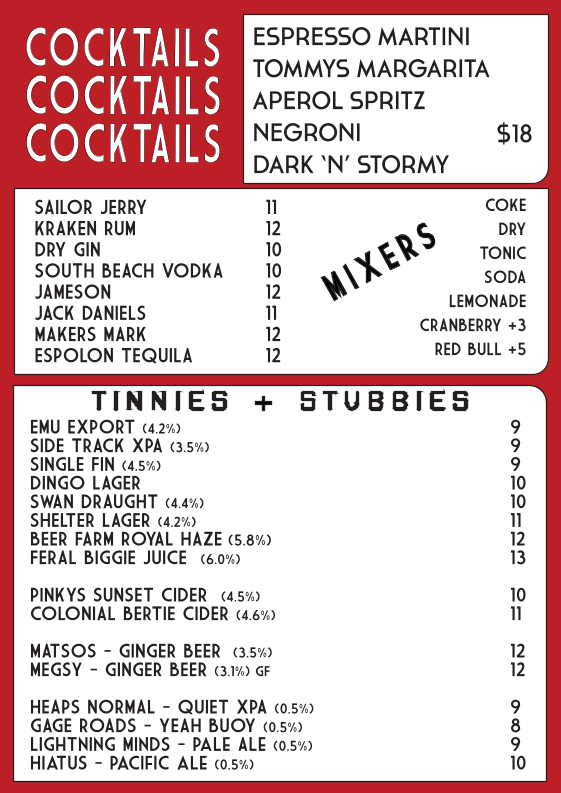 Menu, Kokomo's Livid Skate Cafe
