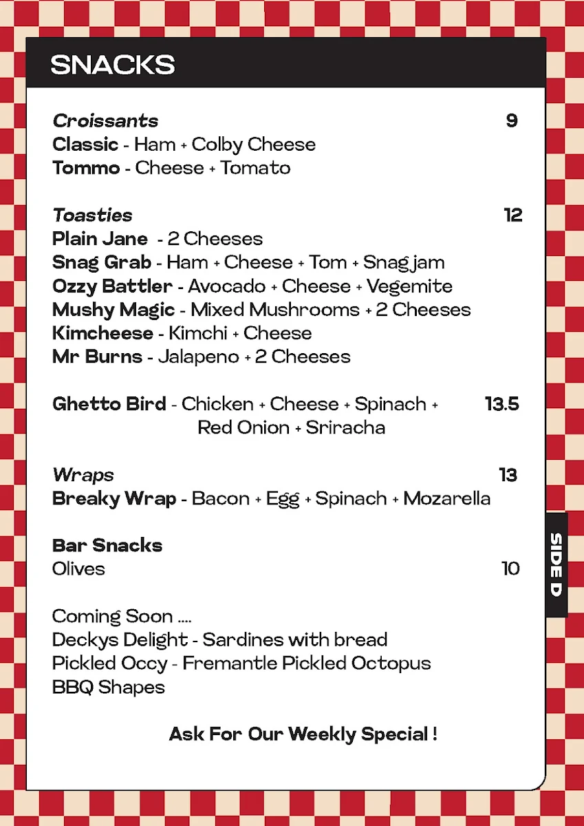 Menu, Kokomo's Livid Skate Cafe