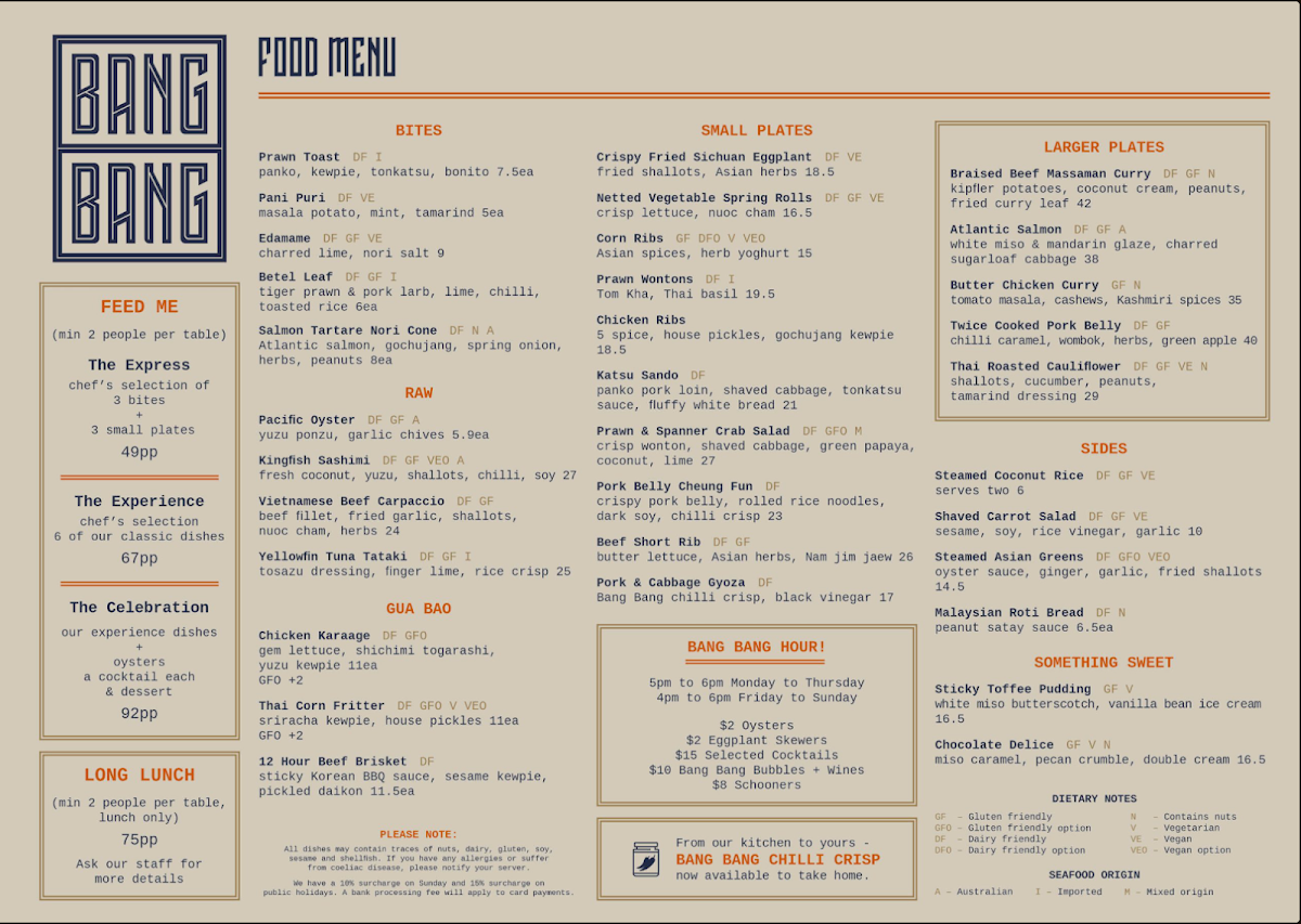 Menu, Bang Bang Frankston