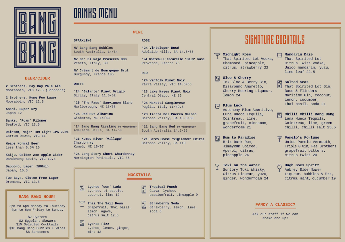 Menu, Bang Bang Frankston
