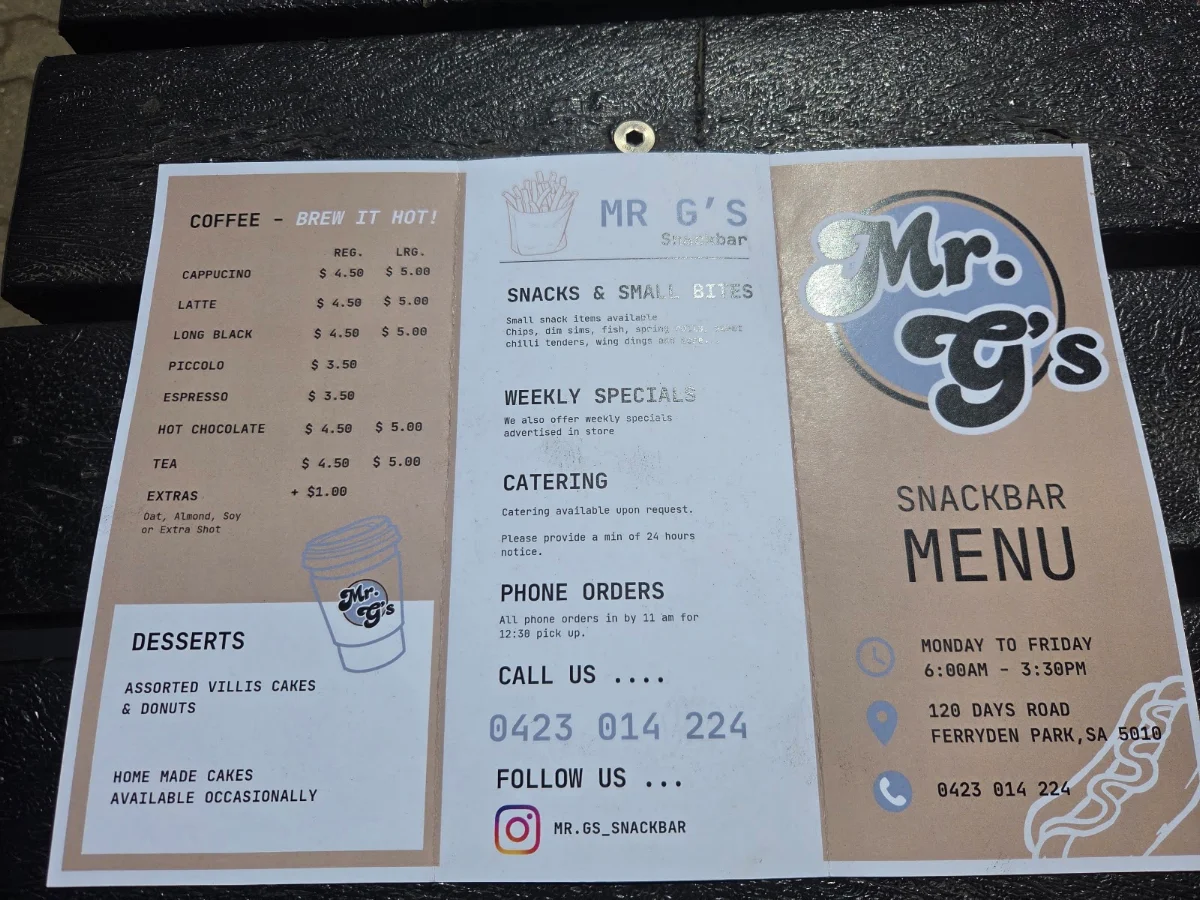 Menu, Mr G's Snackbar