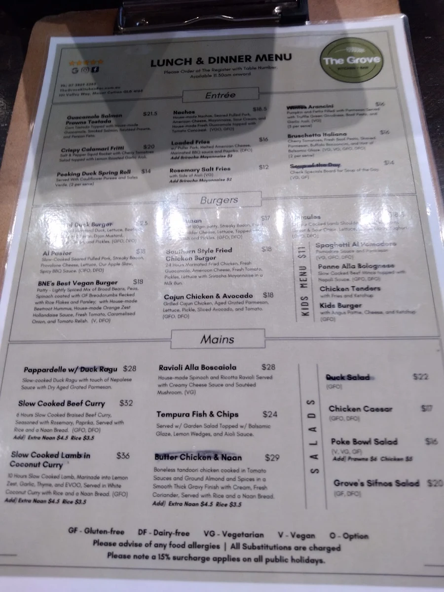 Menu, The Grove Kitchen + Bar