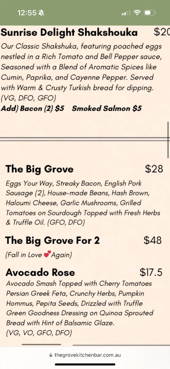 Menu, The Grove Kitchen + Bar