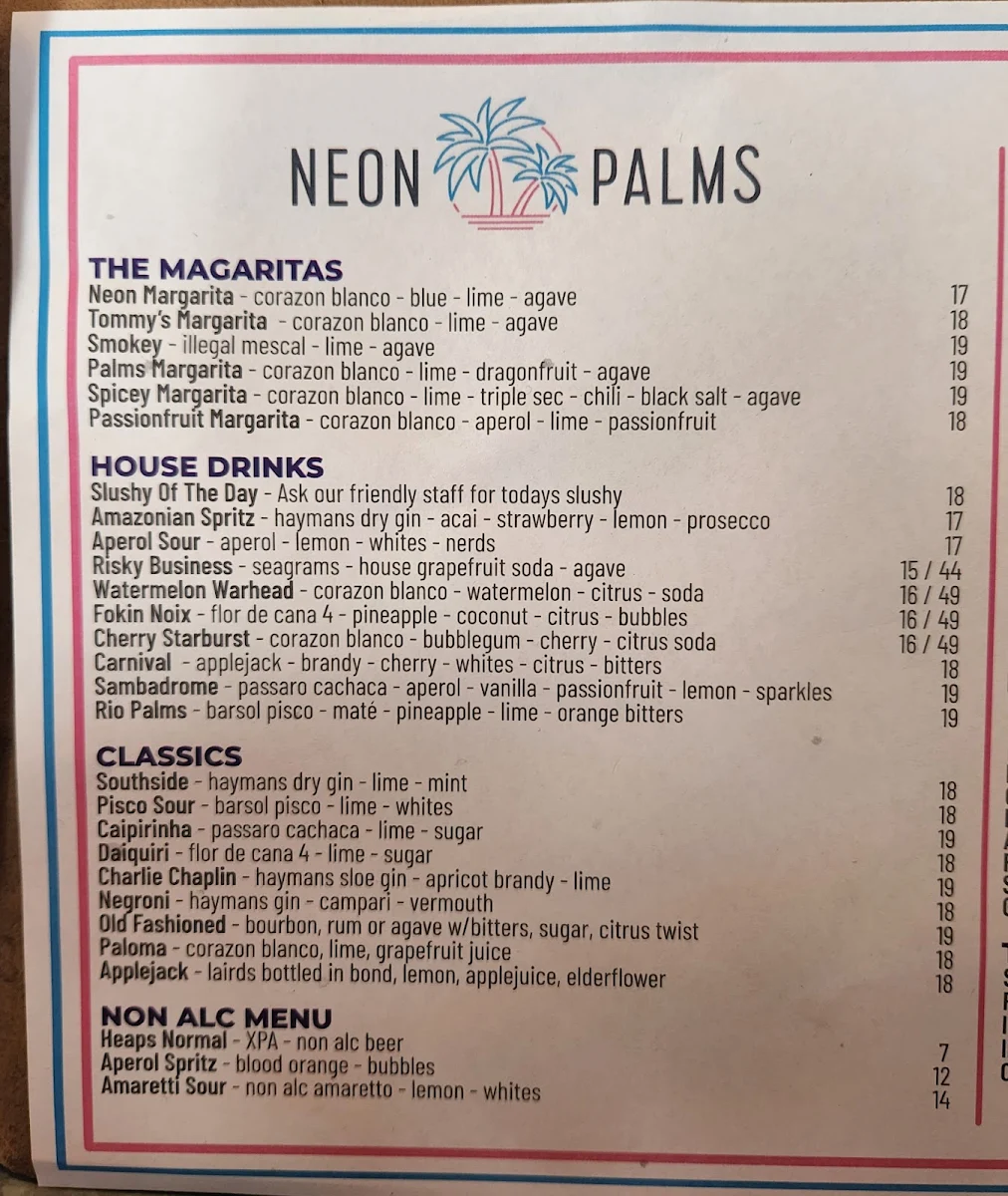 Menu, Neon Palms