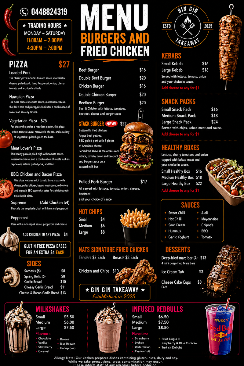 Menu, Gin Gin Takeaway