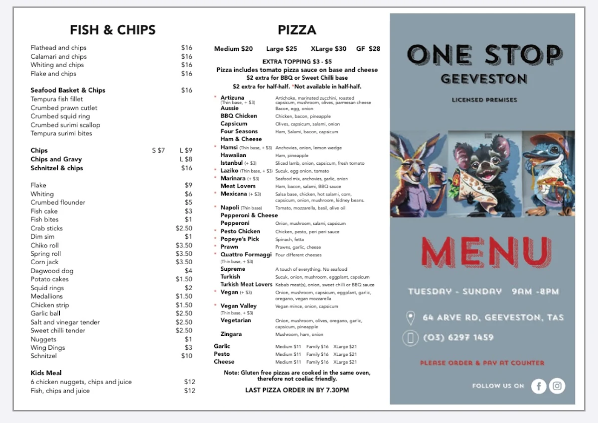 Menu, One Stop Geeveston