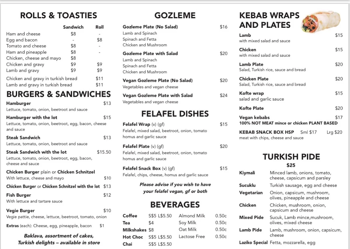 Menu, One Stop Geeveston