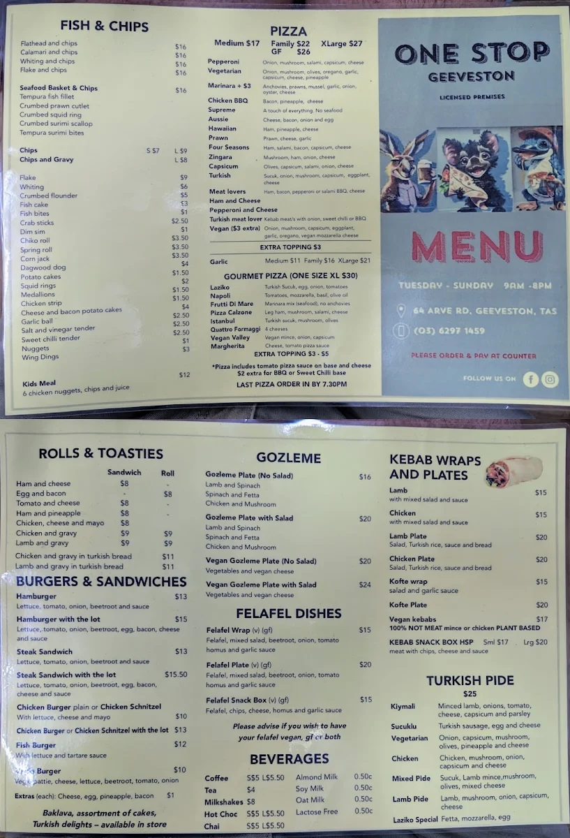 Menu, One Stop Geeveston