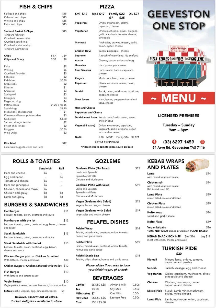 Menu, One Stop Geeveston