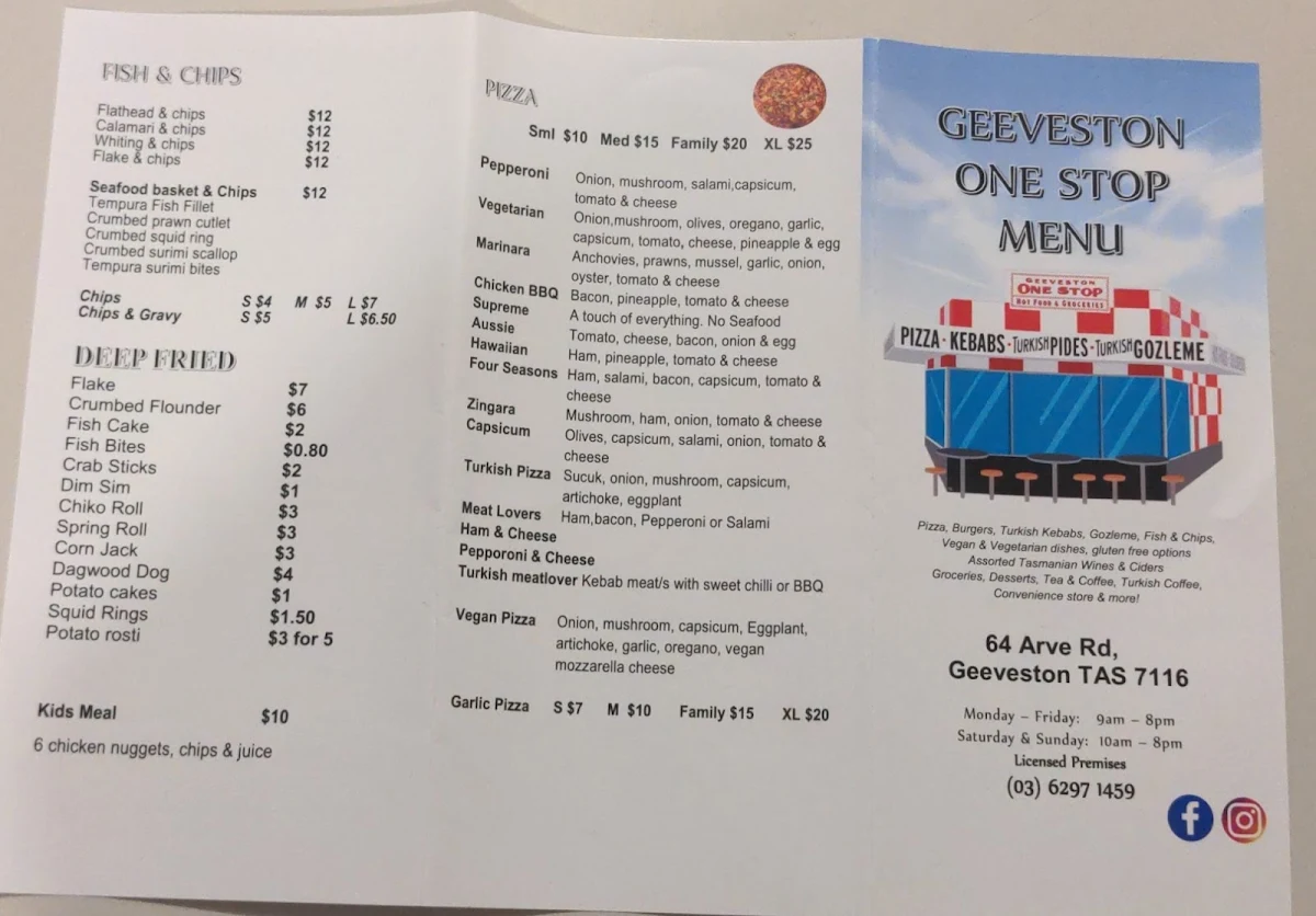 Menu, One Stop Geeveston