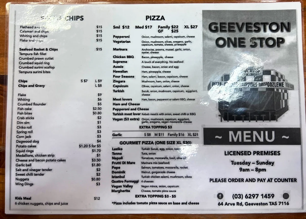 Menu, One Stop Geeveston