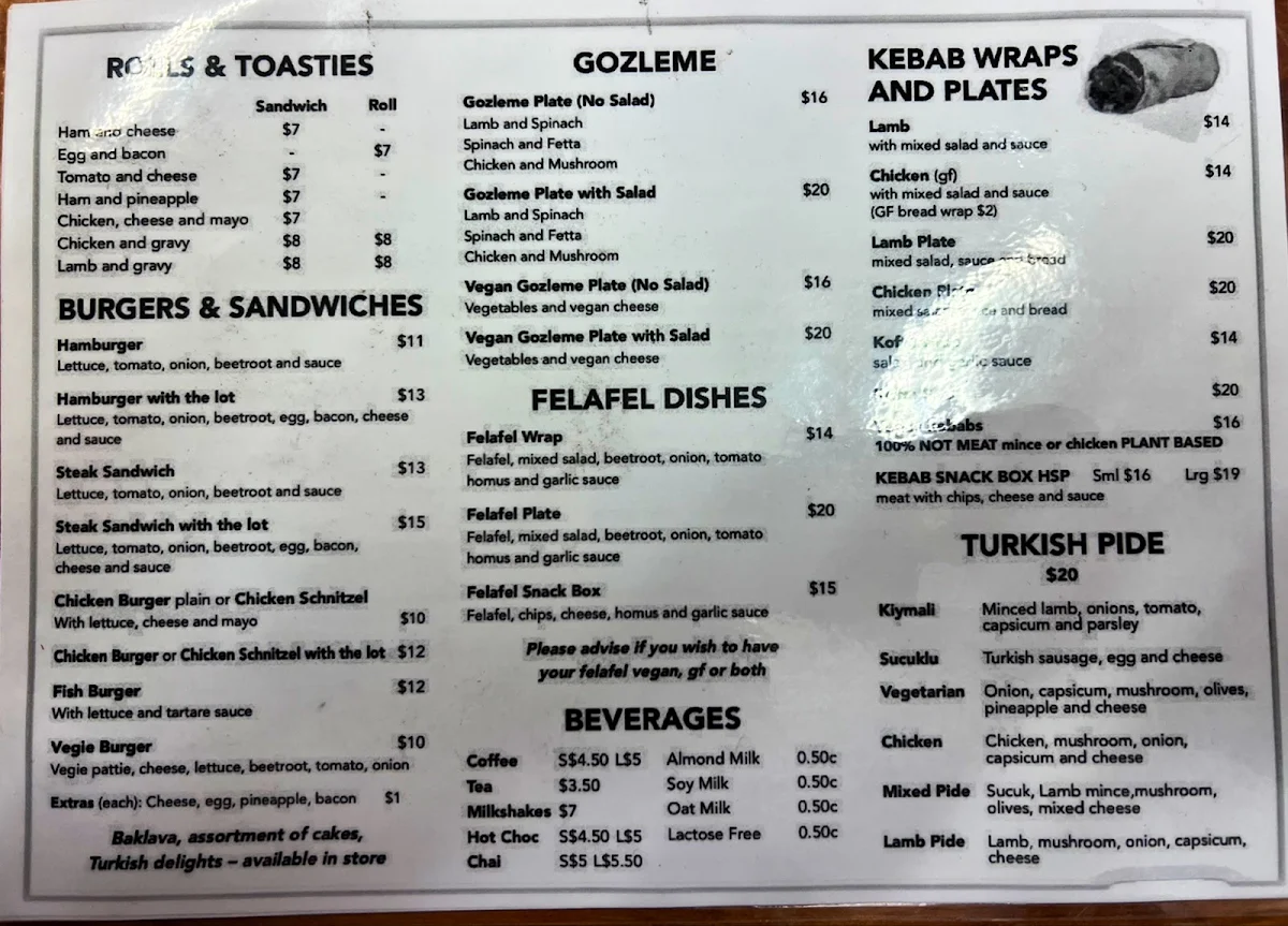 Menu, One Stop Geeveston