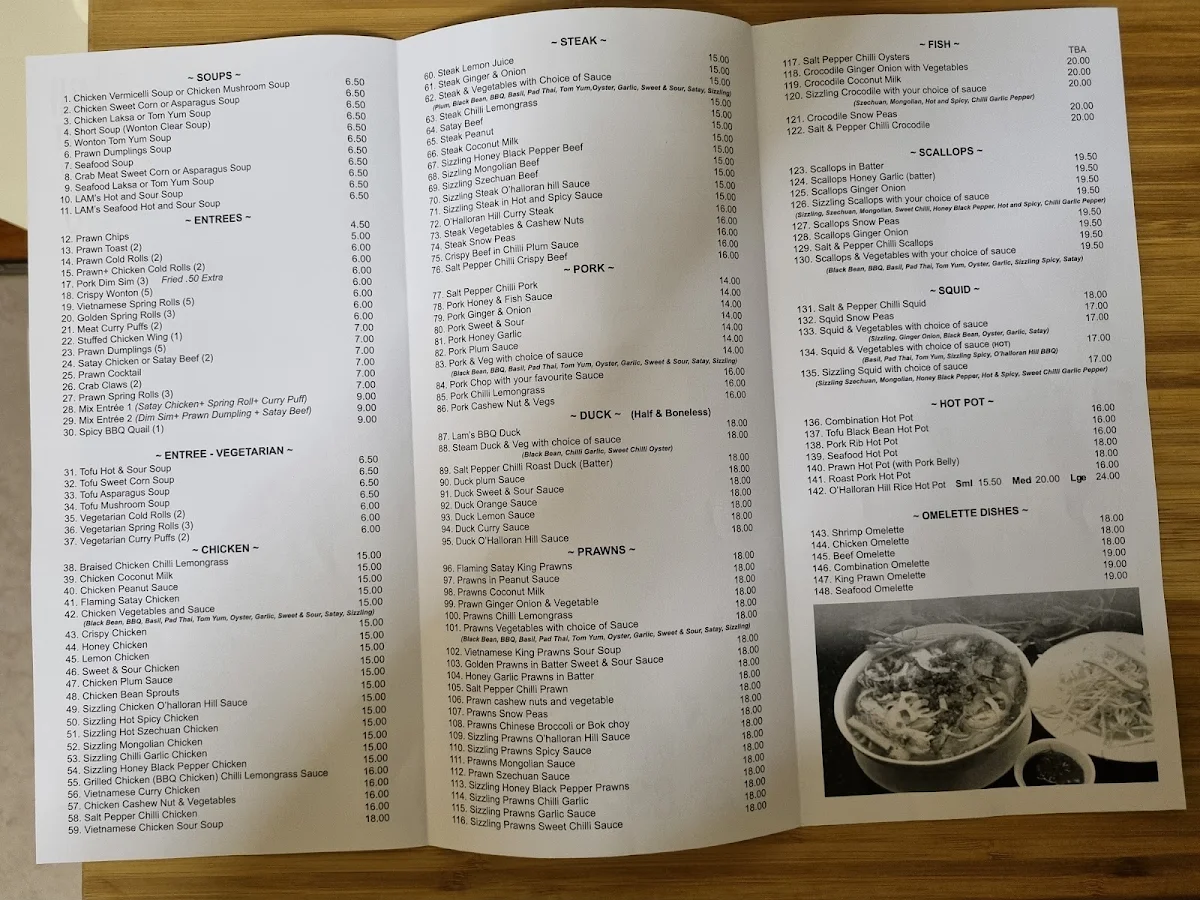 Menu, O'Halloran Hill Vietnamese Restaurant