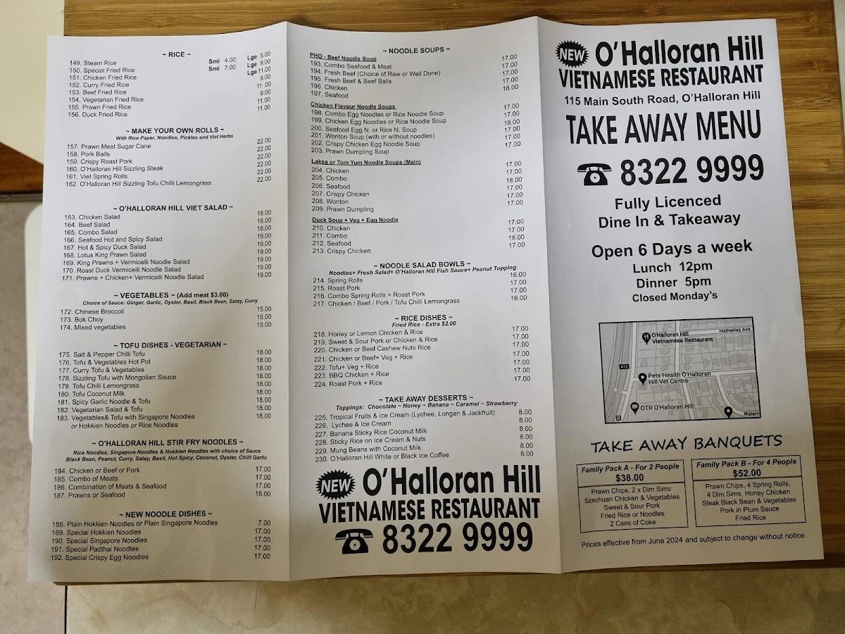 Menu, O'Halloran Hill Vietnamese Restaurant