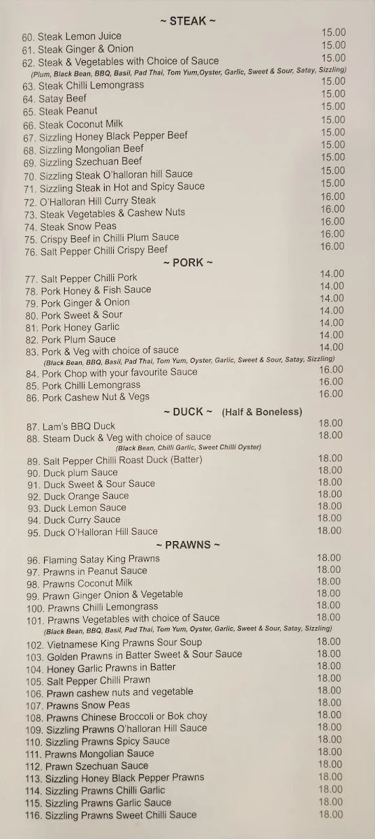 Menu, O'Halloran Hill Vietnamese Restaurant