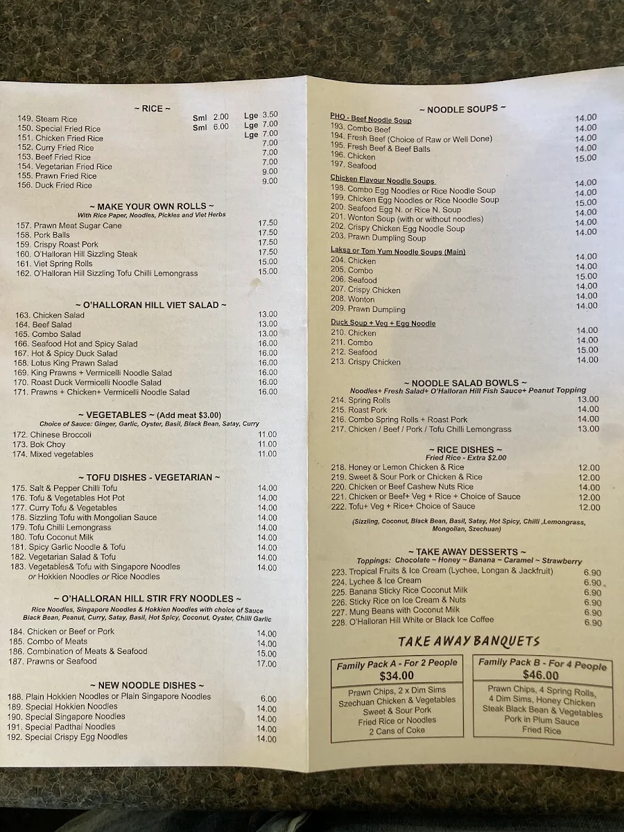 Menu, O'Halloran Hill Vietnamese Restaurant