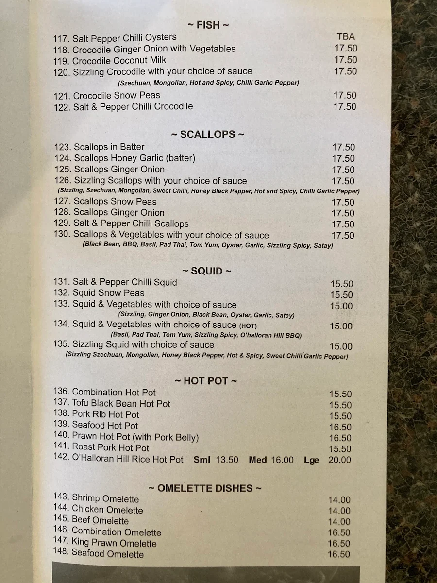 Menu, O'Halloran Hill Vietnamese Restaurant