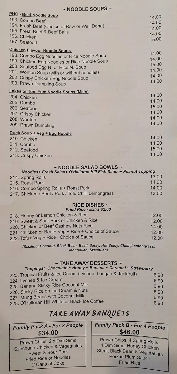Menu, O'Halloran Hill Vietnamese Restaurant