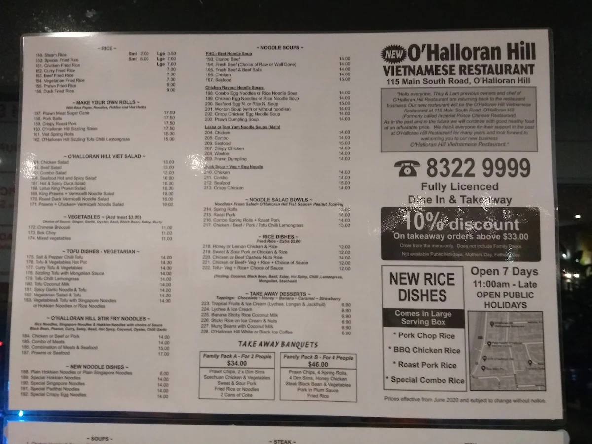 Menu, O'Halloran Hill Vietnamese Restaurant