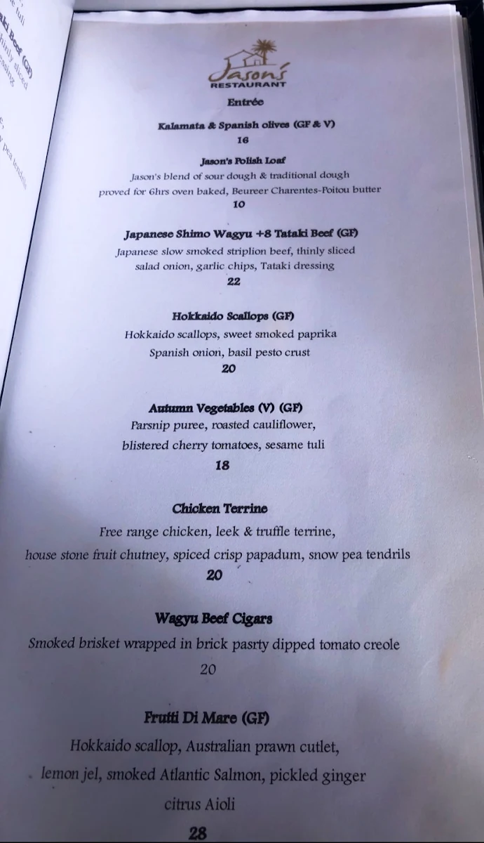 Menu, Jason's Restaurant at Bradford Estate Winery