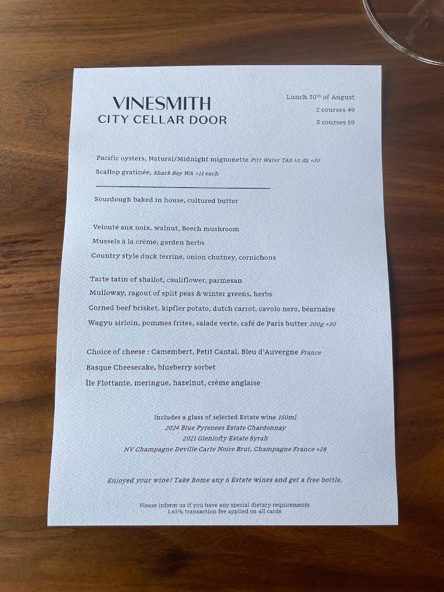 Menu, Vinesmith City Cellar Door