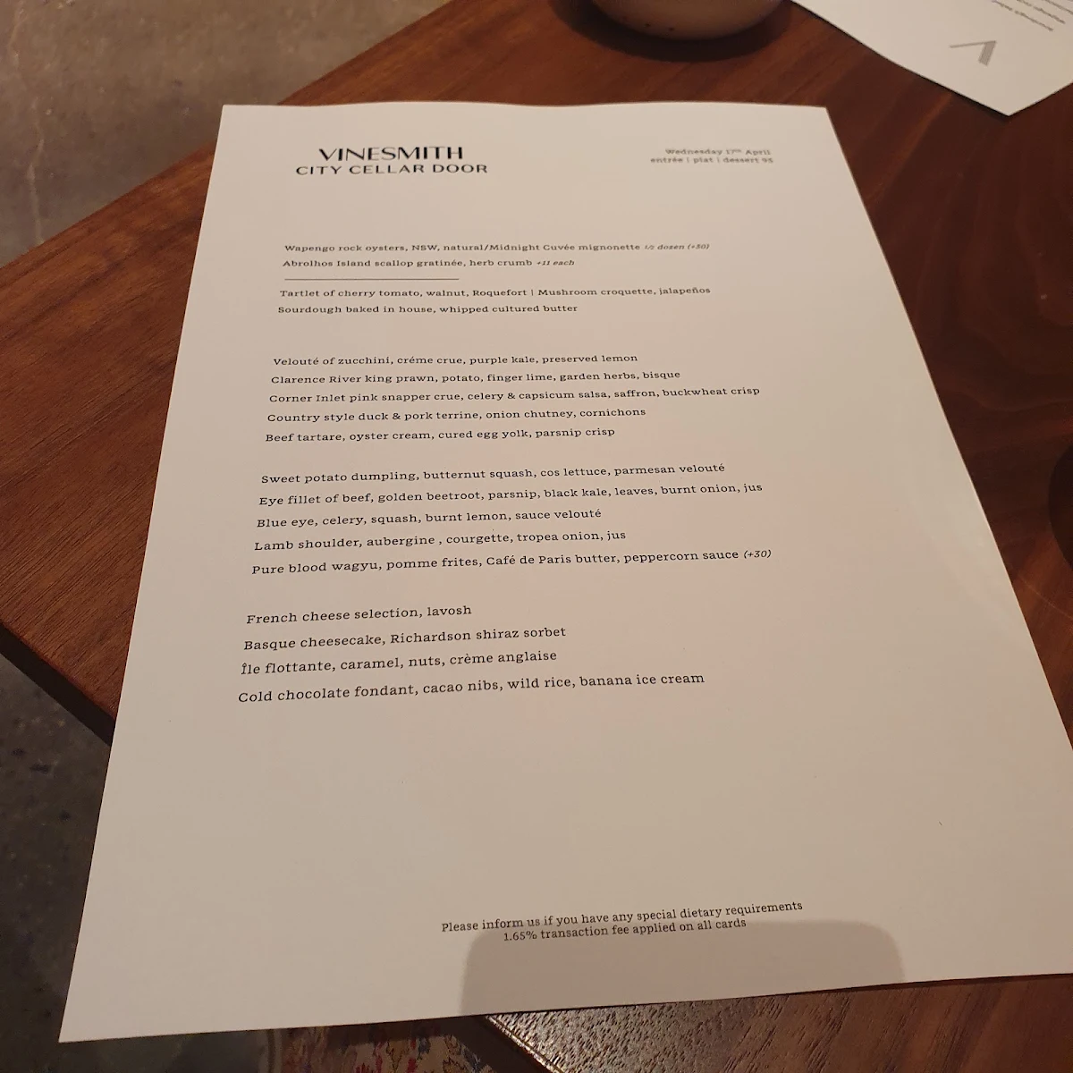 Menu, Vinesmith City Cellar Door