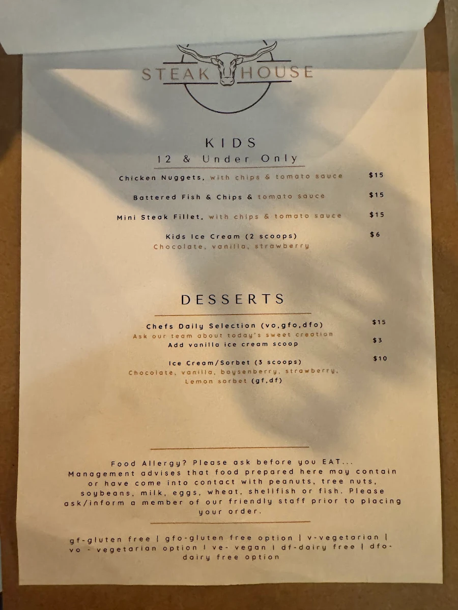 Menu, The Steakhouse