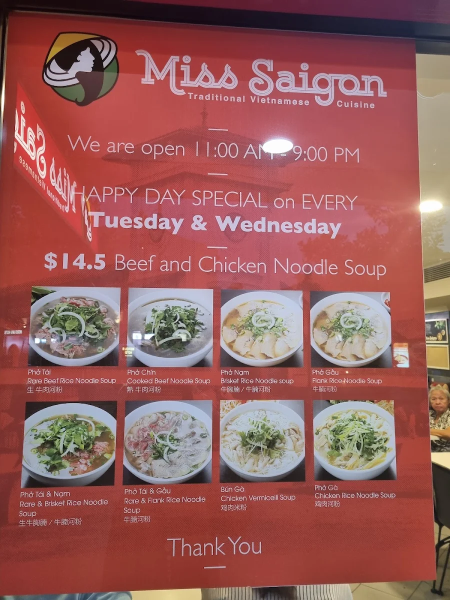 Menu, Miss Saigon Restaurant