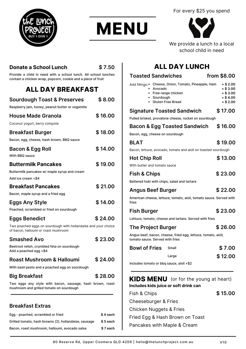 Menu, The Lunch Project