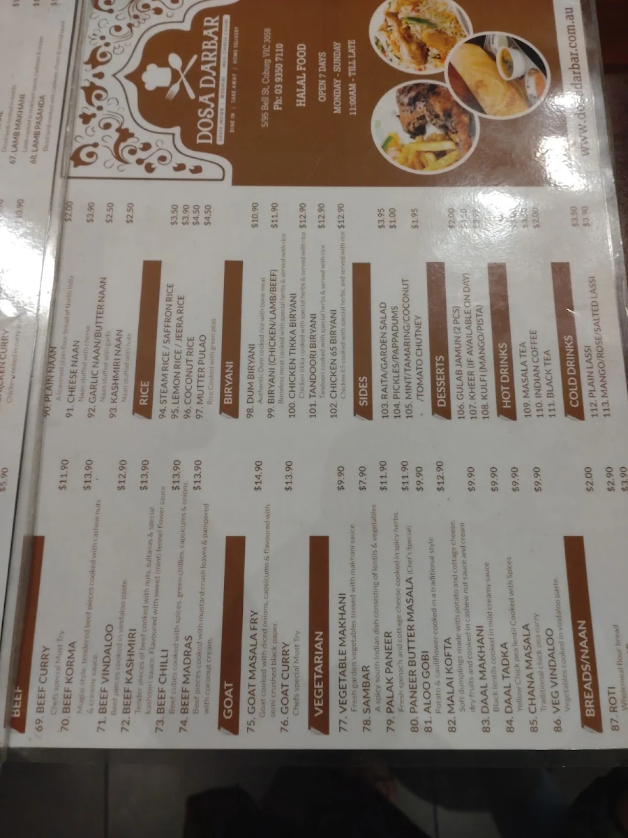 Menu, Saleem Indian Restaurant