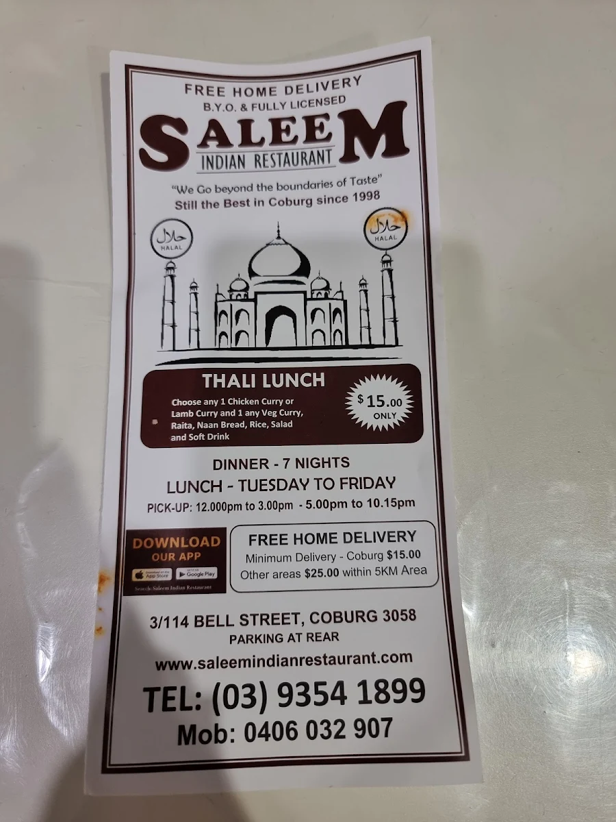 Menu, Saleem Indian Restaurant