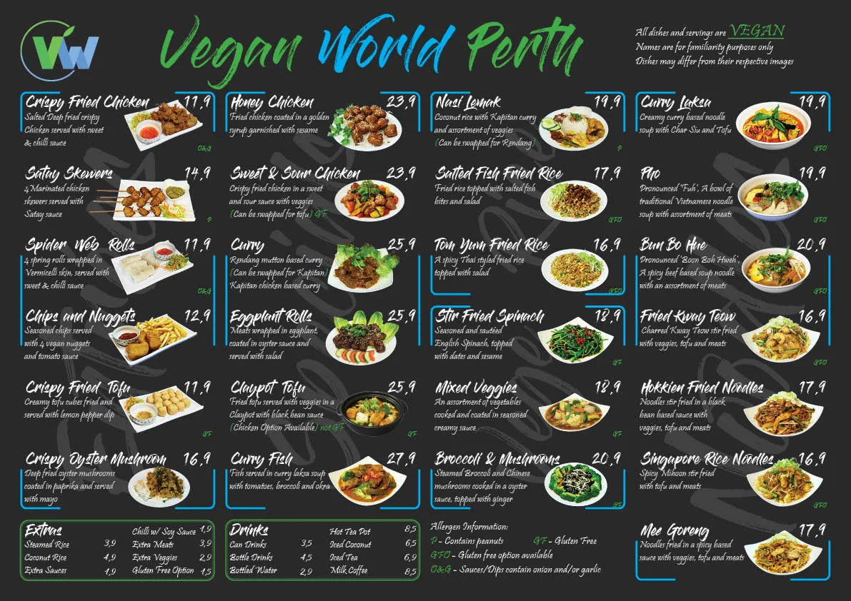 Menu, Vegan World Perth