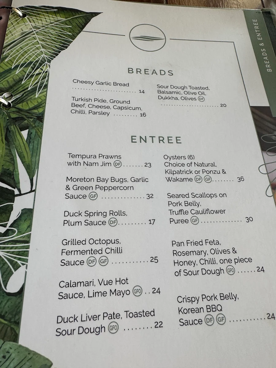 Menu, Vue Wine Bar & Restaurant