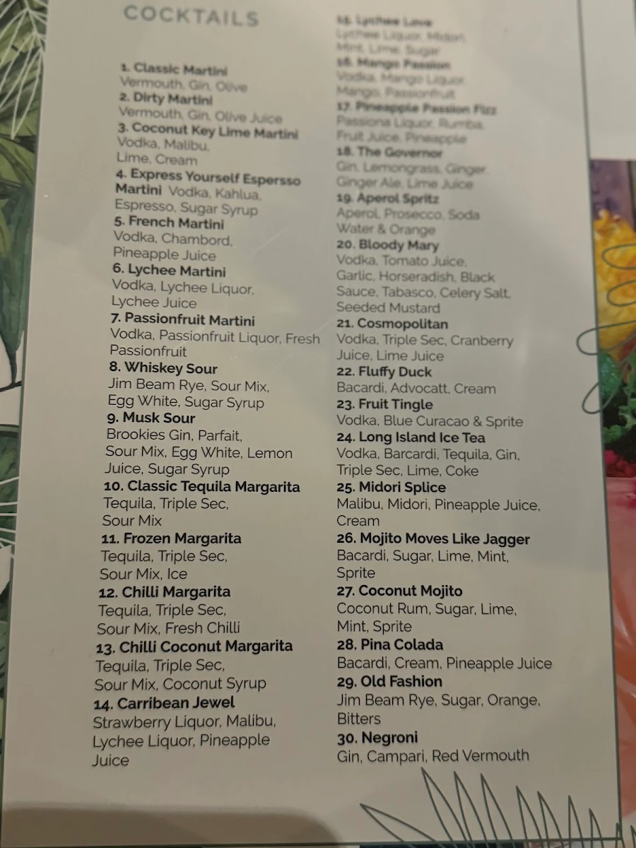 Menu, Vue Wine Bar & Restaurant