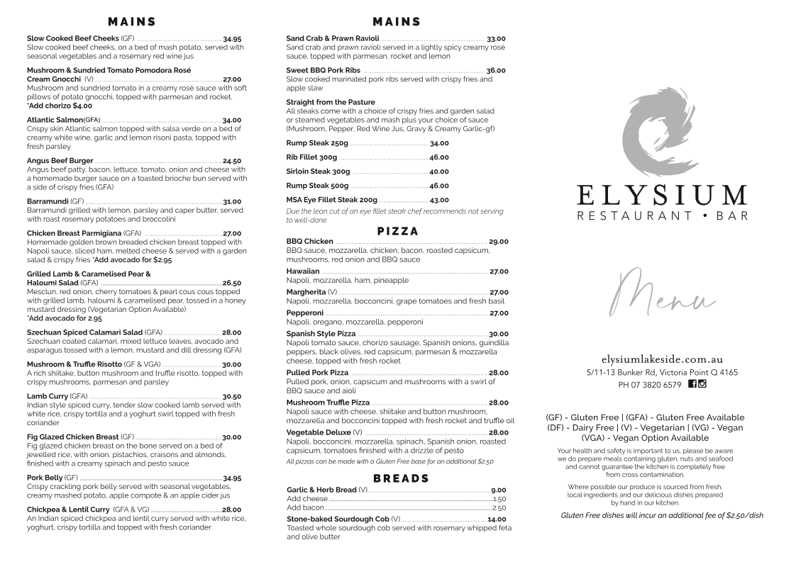 Menu, Elysium Restaurant & Bar